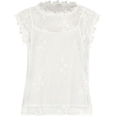 River Island Womens White Floral Lace Cap Sleeve Top