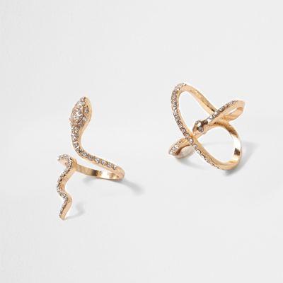 River Island Womens Gold Tone Rhinestone Snake Ring Pack