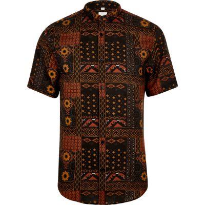 River Island Mens Aztec Slim Fit Short Sleeve Revere Shirt