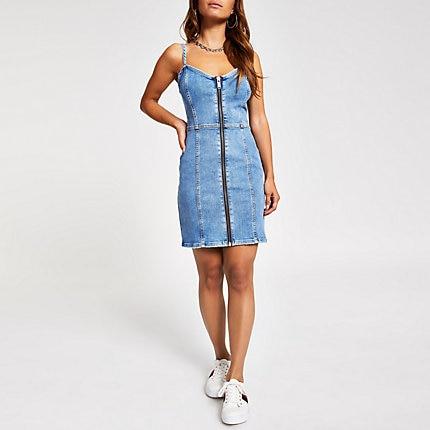 River Island Womens Petite Zip Front Denim Mini Dress