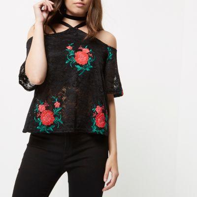 River Island Womens Petite Lace Floral Cold Shoulder Top