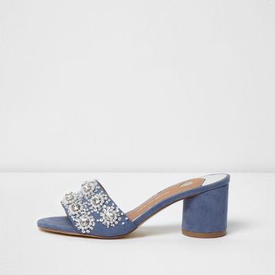 River Island Womens Diamante Embellished Block Heel Mules