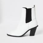 River Island Womens White Leather Western Heeled Ankle Boots
