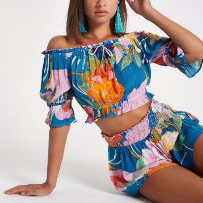 River Island Womens Floral Shirred Bardot Beach Crop Top