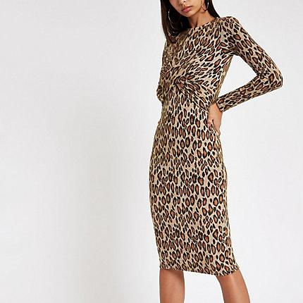 River Island Womens Leopard Print Twist Front Midi Dress