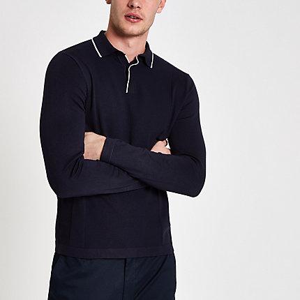 River Island Mens Slim Fit Tipped Long Sleeve Polo Shirt
