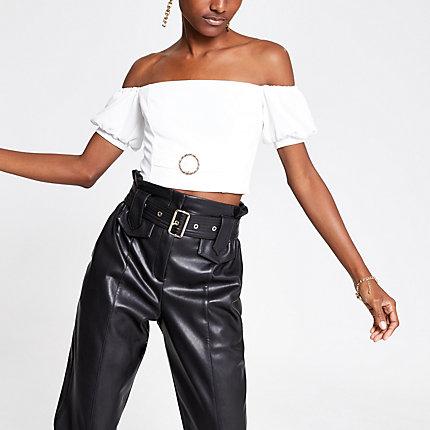 River Island Womens White Puff Sleeve Bardot Crop Top