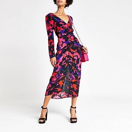 River Island Womens Print Ruched Long Sleeve Midi Dress