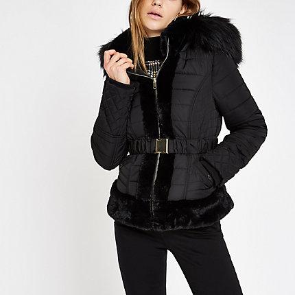 River Island Womens Padded Faux Fur Hood Belted Coat