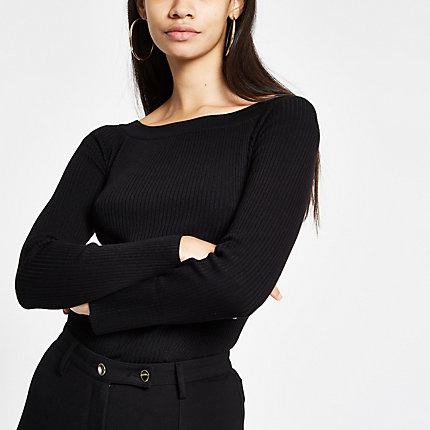 River Island Womens Knit Ribbed Boat Neck Long Sleeve Top