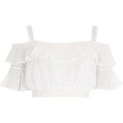River Island Womens White Dobby Cold Shoulder Frill Crop Top