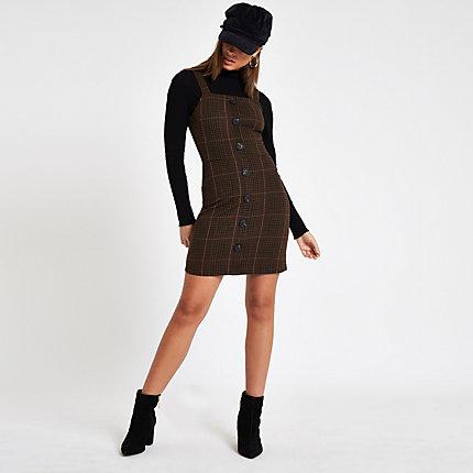 River Island Womens Check Button Front Pinafore Mini Dress