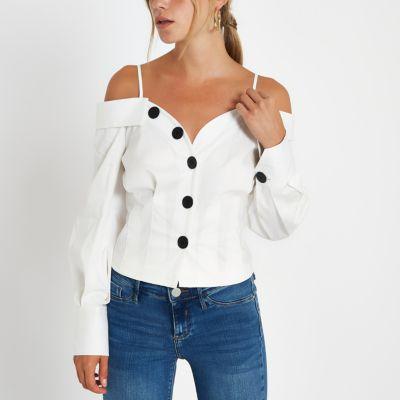 River Island Womens White Button Front Bardot Fitted Shirt