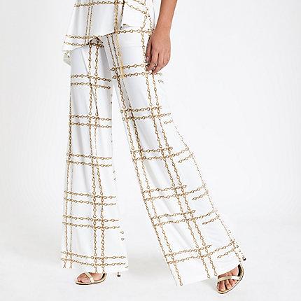 River Island Womens White Chain Print Flared Trousers