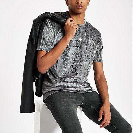 River Island Mens Velour Slim Fit Snake Print T-shirt