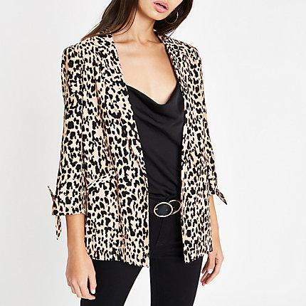 River Island Womens Leopard Print Tie Sleeve Blazer