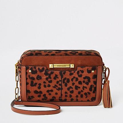 River Island Womens Rust Velvet Leopard Printed Cross Body Bag