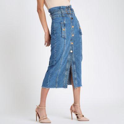 River Island Womens Button Belted Denim Pencil Skirt
