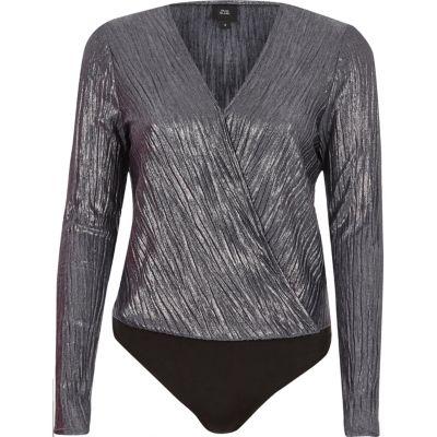 River Island Womens Silver Metallic Plisse Wrap Bodysuit
