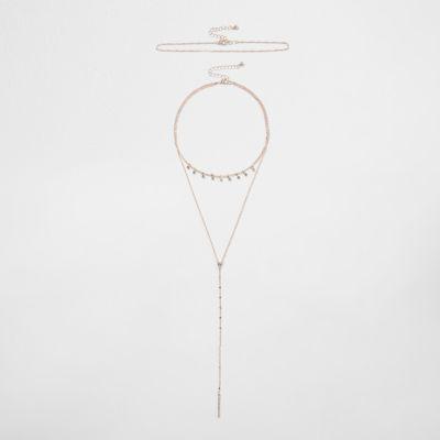 River Island Womens Rose Gold Diamante Layer Plunge Choker Set