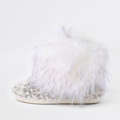 River Island Womens Knit Faux Fur Trim Boot Slippers