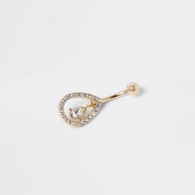 River Island Womens Gold Tone Diamante Teardrop Belly Bar