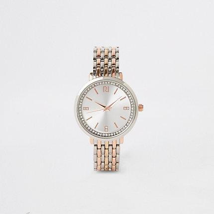 River Island Womens Rose Gold And Silver Tone Rhinestone Watch