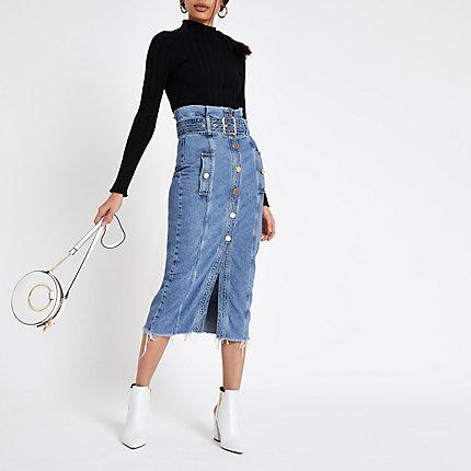 River Island Womens Paperbag Denim Midi Skirt