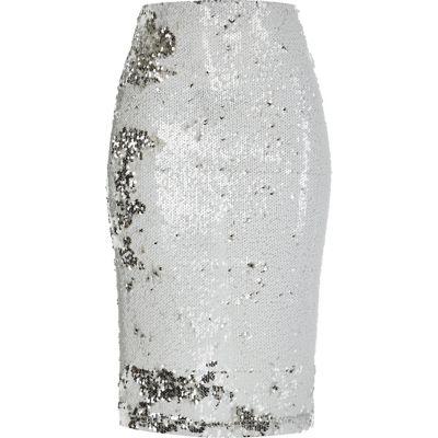 River Island Womens White Sequin Pencil Skirt
