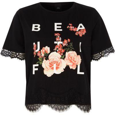 River Island Womens Petite 'beautiful' Lace Trim T-shirt