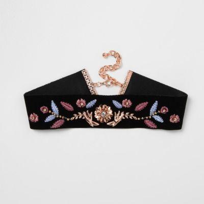 River Island Womens Swallow Embroidered Velvet Choker
