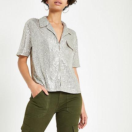 River Island Womens Silver Sequin Embellished Shirt