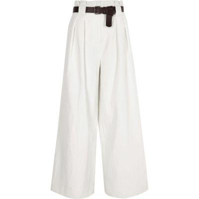 River Island Womens White Textured Wide Leg Belted Trousers