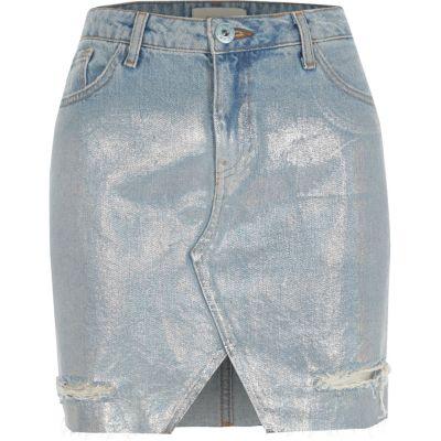 River Island Womens Silver Coated Denim Skirt