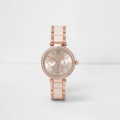 River Island Womens Rose Gold Tone Diamante Slim Watch