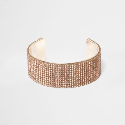 River Island Womens Rose Gold Tone Rhinestone Pave Cuff Bracelet