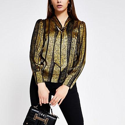 River Island Womens Gold Printed Tie Neck Long Sleeve Blouse