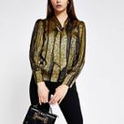 River Island Womens Gold Printed Tie Neck Long Sleeve Blouse
