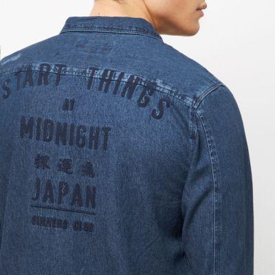 River Island Mensblue Casual Frayed Denim Shirt