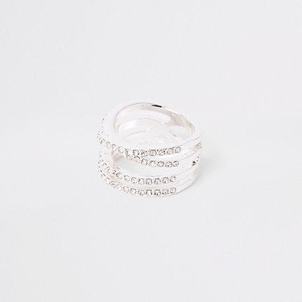 River Island Womens Silver Tone Rhinestone Double Kiss Ring