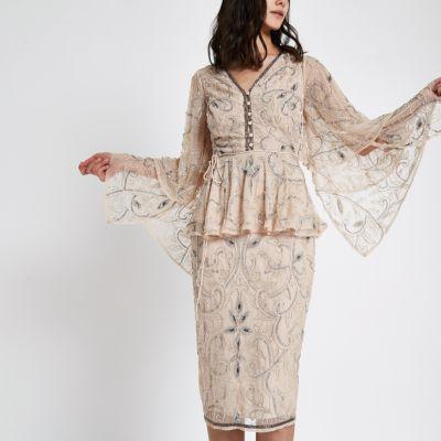 River Island Womens Nude Embellished Bell Sleeve Peplum Top