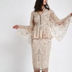 River Island Womens Nude Embellished Bell Sleeve Peplum Top