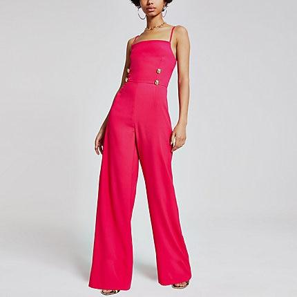 River Island Womens Button Front Wide Leg Jumpsuit