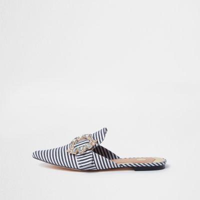 River Island Womens White Stripe Jewel Buckle Backless Loafers