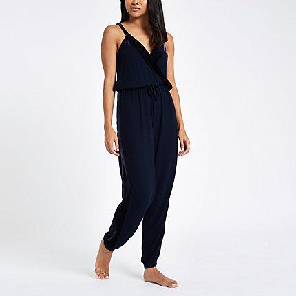 River Island Womens Petite Velvet V Neck Tape Side Jumpsuit