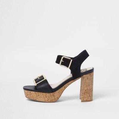 River Island Womens Double Buckle Strap Cork Heel Sandals