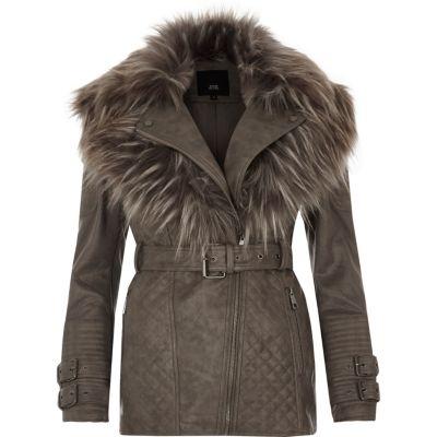 River Island Womens Faux Fur Trim Belted Biker Coat