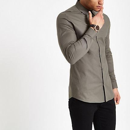 River Island Mens Poplin Muscle Fit Long Sleeve Shirt