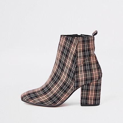 River Island Womens Check Print Square Toe Block Heel Boots