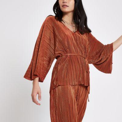 River Island Womens Rust Plisse V Neck Belted Top